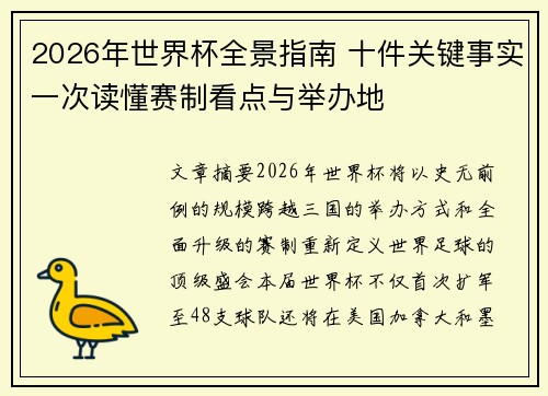 2026年世界杯全景指南 十件关键事实一次读懂赛制看点与举办地
